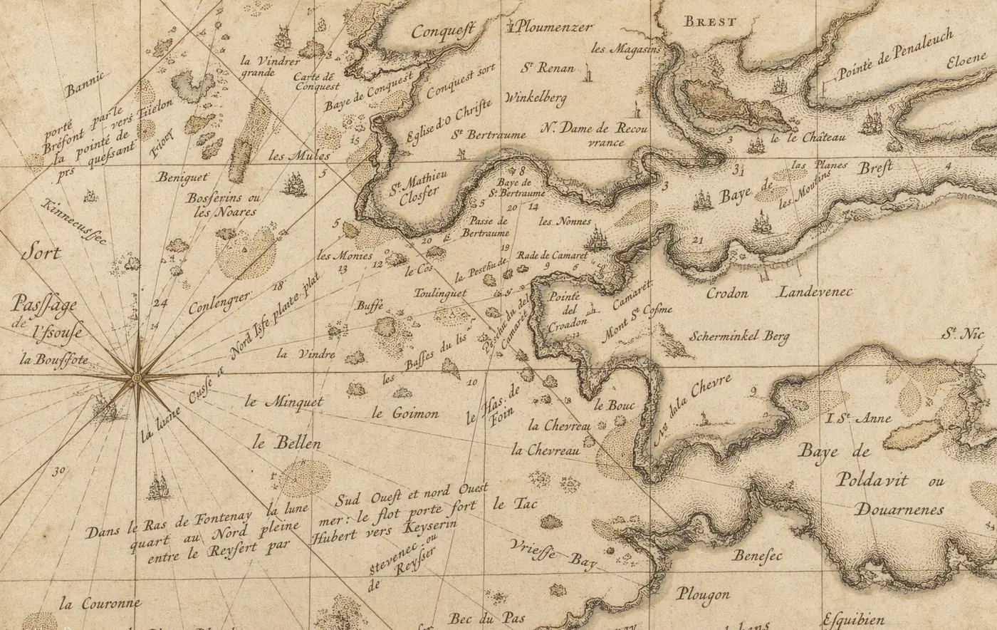 Carte marine ancienne de la rade de Brest et de la mer d'Iroise : côtes relevées à la main, rose des vents, lignes de rhumbs, mouillages, passes et écueils nommés un à un.